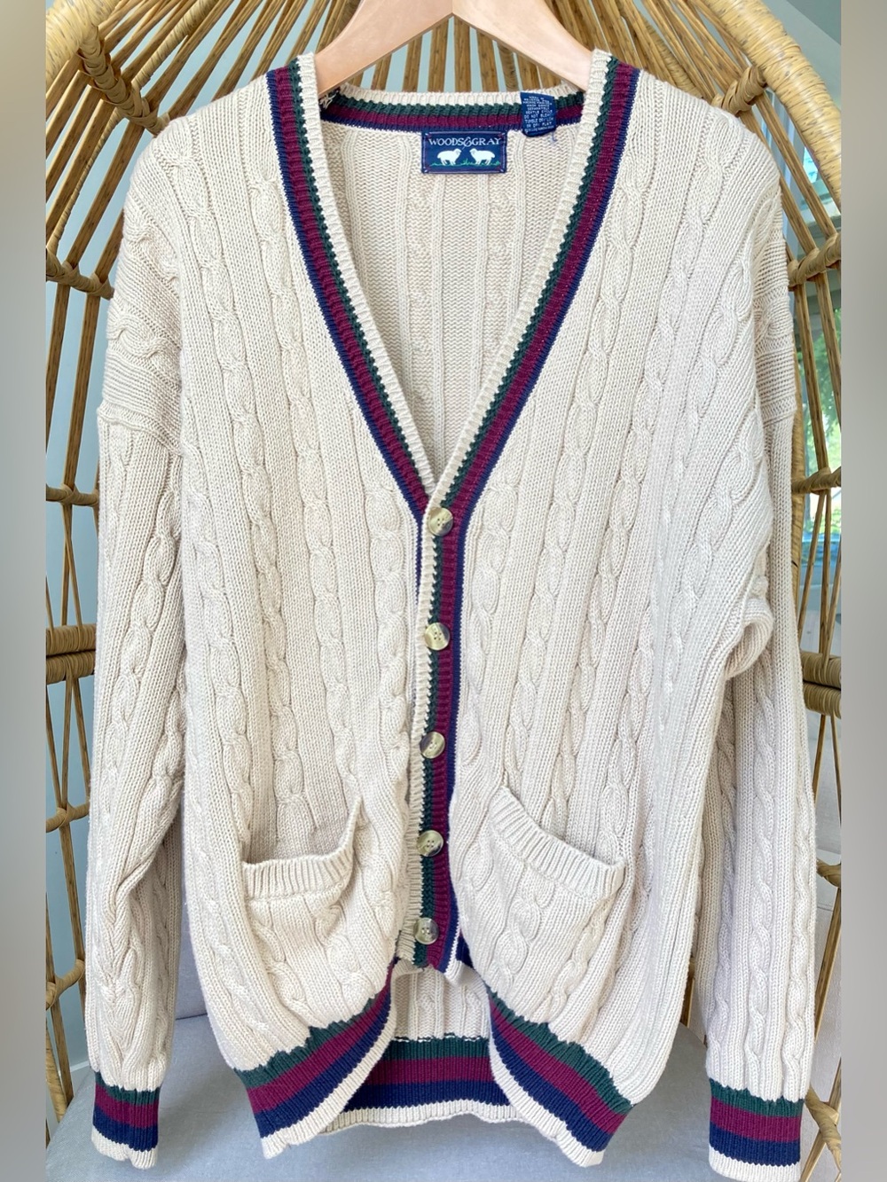 Vintage Woods & Gray Cable Knit Cardigan XL 100% Cotton Preppy Sweater